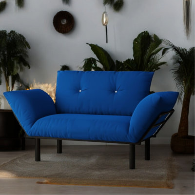 Causeuse en bleu - Coussin de futon peu encombrant pour les espaces de vie et les chambres. Nettoyage facile sous les pieds. Diverses options de couleurs. À assembler avec l'ensemble inclus