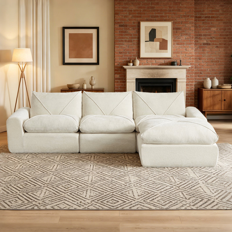 Balendin 119.80 W Chenille L-Shaped Sectional Sofa, Apartment Couch with Ottoman,Modular, Beige Linen