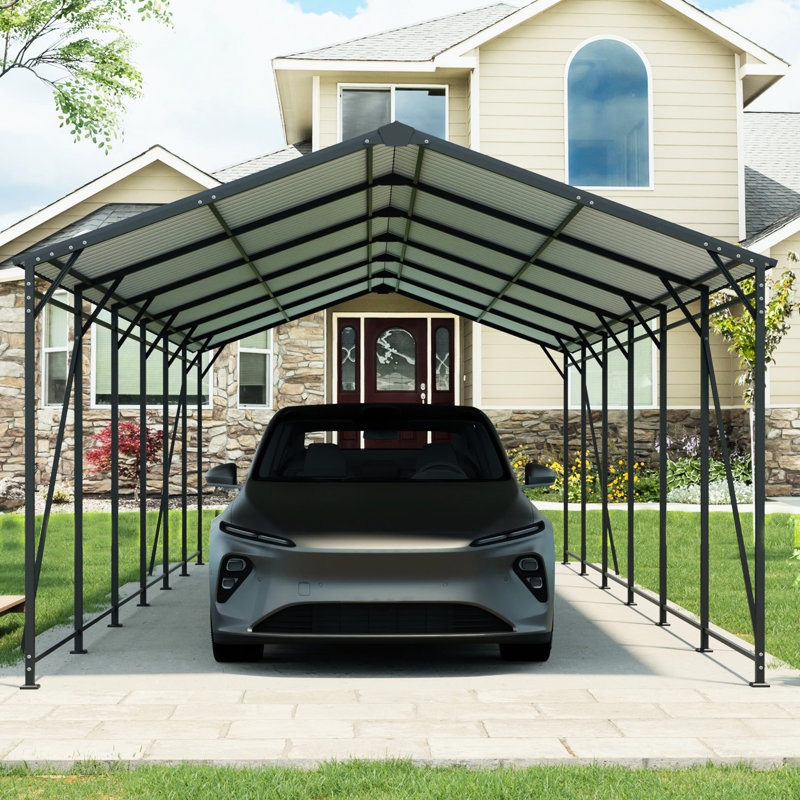 Heavy Duty, 12*32 Ft, Outdoor Carport, Galvanized Steel Structure, Stability, Gray Finish, Backyard Decor Ft Carport With Sloped Roof High - Density , Ideal For Truck Storage