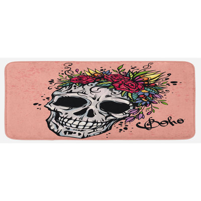 Jour de la mort inspiré de la conception d'un crâne avec une couronne florale de style bohème et un tapis de cuisine corail multicolore