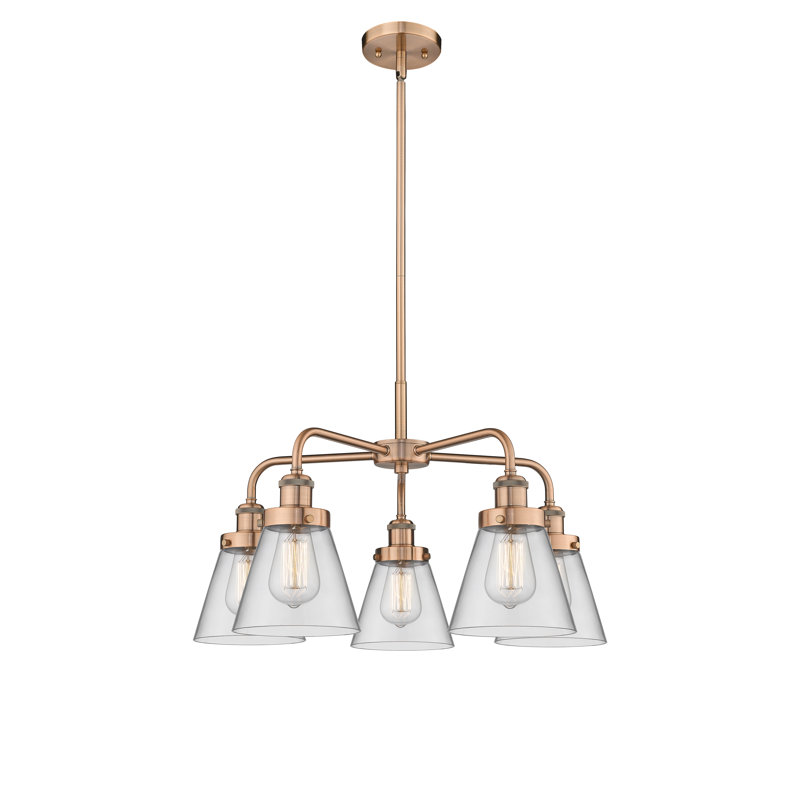 Cone 5 Light Stem Hung Chandelier, Clear, Antique Copper