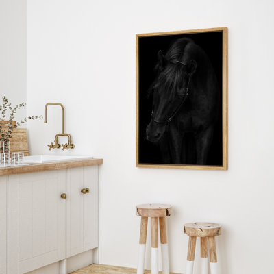 Black Horse Portrait Dramatic Animal Wall Art Framed Canvas Master Bedroom Wall Art Work Print