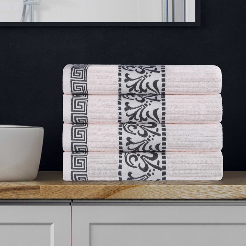 Mikira Athens Cotton Medium Weight Floral Border Greek Key Trim Bath Towel (Set of 4), Ivory/Gray
