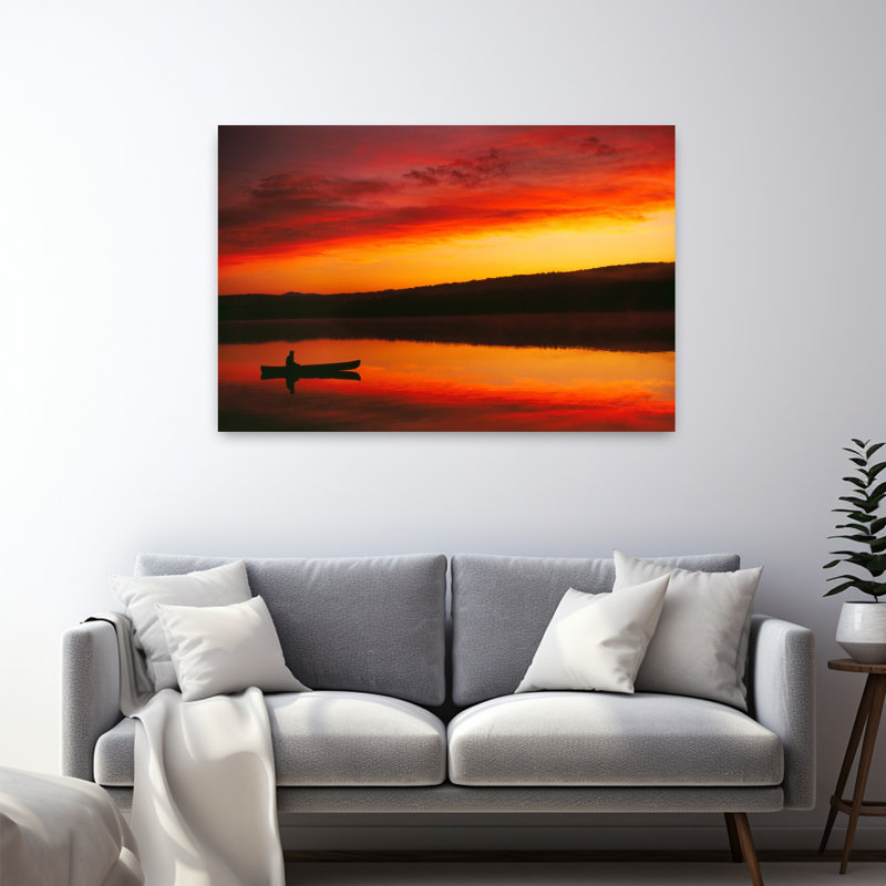 Silhouette de canot sur le lac, art contemporain au lever du soleil, H 32 po x l 48 po