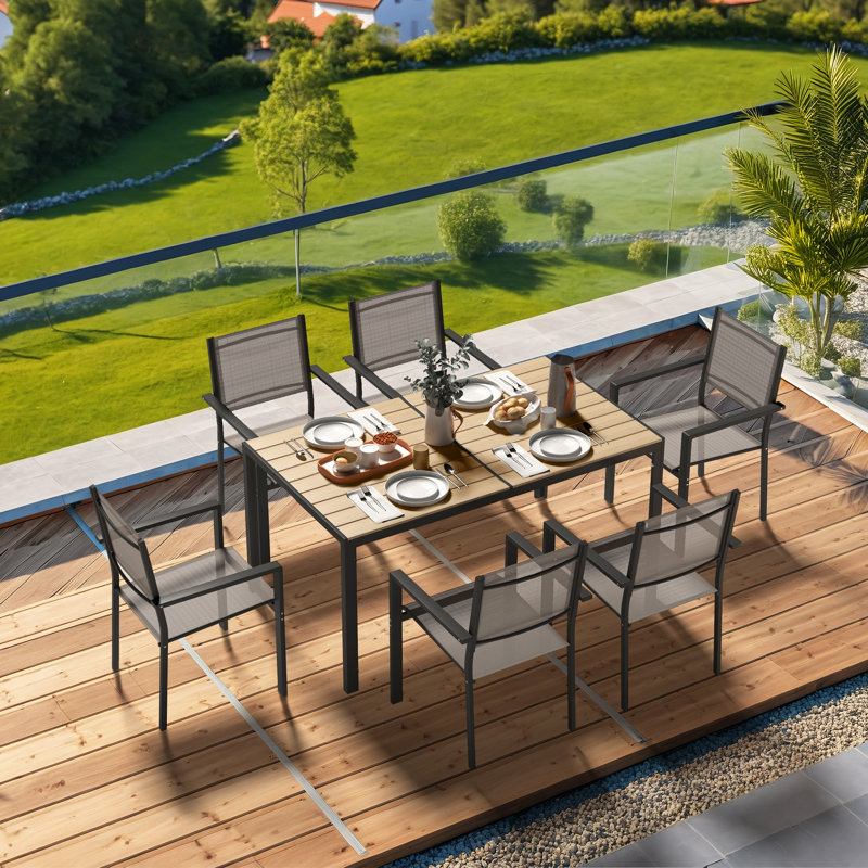 7 Piece Outdoor Patio Dining Set With 1 Table & 6 Chairs, Patio Dining Furniture For 6, Wpc Tabletop And All-Weather Resistant Iron Frame, Suitable For Garden, Backyard And Deck, Brown