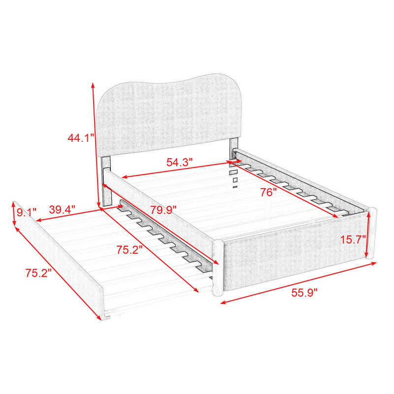 Lit plateforme tapissier avec gigogne Jankell, Blanc, Double