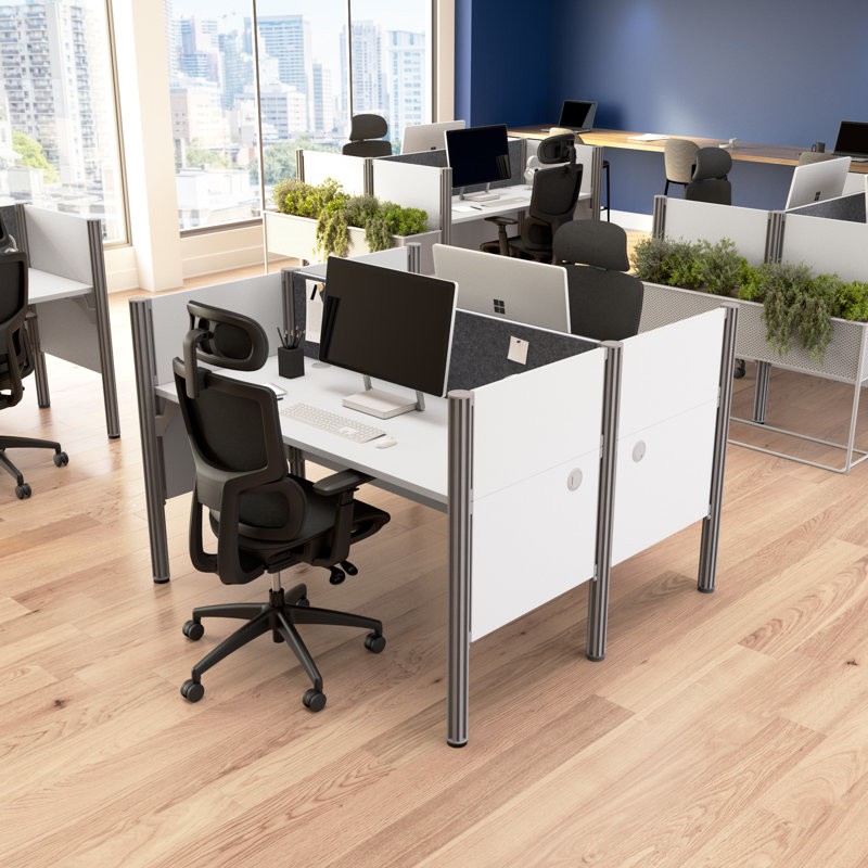 Pro-Biz 2 Person Benching Workstation with Cable Management, White/Gray