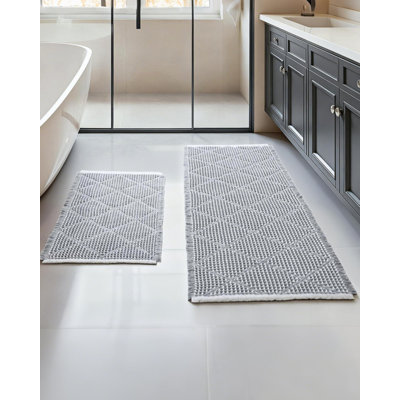 Waffle Bath Mat Set, Non Slip Bathroom Rugs Sets 2 Piece, Ultra Absorbent Long Bath Rug Runner For Bathroom Decor, Machine Washable Boho Mats, Grey & White, 20"×47" Plus 18"×30"