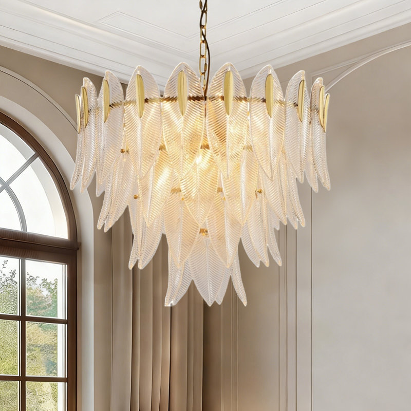 Lustre en verre transparent étagé de 23,6 po de largeur à 9 lumières avec cadre doré et ampoules à DEL 3 couleurs incluses