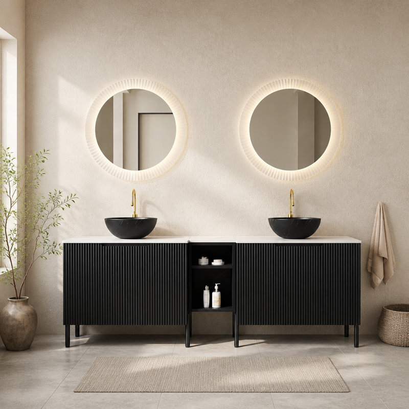 Ensemble de meuble-lavabo double autoportant 72 po avec lavabos 72 po, armoires de rangement rayées 2 x 30 po + tablette ouverte amovible 12 po, 2 vasques noires à motif de cuve en pierre avec comptoir blanc de Carrare, noir