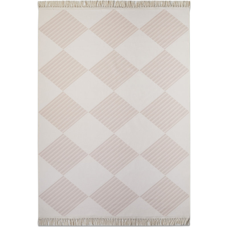 Simple Fresh Square Pattern Non-Slip Bottom Cotton Fabric Soft Pink Carpet Fringed Area Rug, Rectangle 4' x 6'