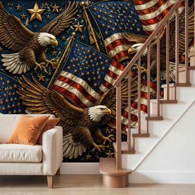 Peel and Stick Wallpaper Wall Mural Patriotic American Bald U S Flags Gold Stars Wall Art Self Adhesive and Removable