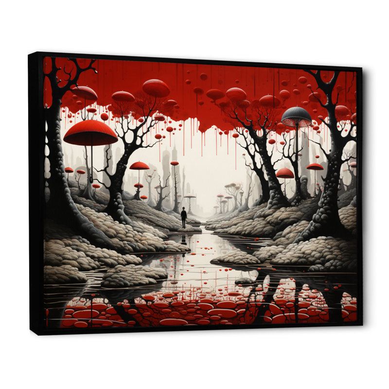 Surréalisme rouge et gris surréalisme II, H 30 po x l 40 po x P 1,5 po, Cadre flottant noir