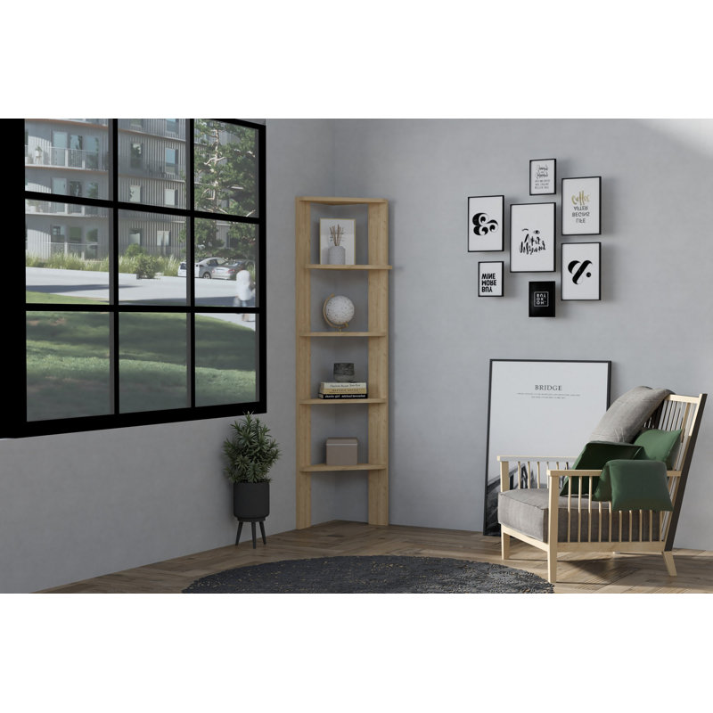 Bibliothèque moderne en chêne, 5 niveaux, 17,7 po x 63,0 po x 11,8 po | 100% panneau de particules enduit de mélamine, épaisseur: 0,7 pouce | Design scandinave mural élégant, idéal pour le rangement à la maison ou au bureau