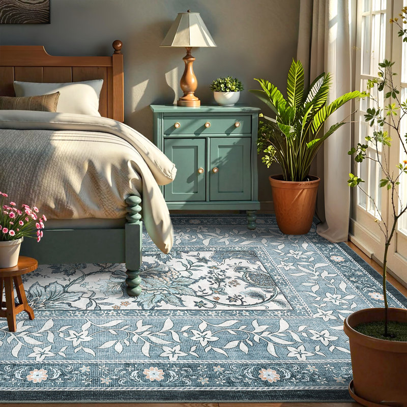 Floral Machine Printed Area Rug, Blue, Runner 60 x 230 cm
