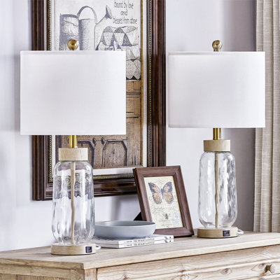 Krantz 24 po. Brun moderne / bohémien / campagnard en verre et métal à intensité variable pour chambre à coucher, salon, table de chevet et table de chevet avec forme de tambour en lin blanc et protection USB