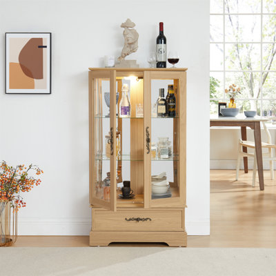 Lighted Glass Curio Cabinet With Adjustable Shelves, 2 Doors, And 1 Drawer For Elegant Display And Storage