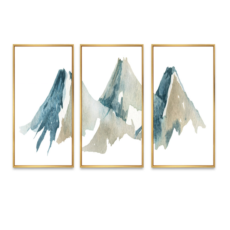 Blue High Mountain Range I - ensemble d'art mural sur toile encadré traditionnel de 3, H 32 po x l 48 po x P 1 po, Or