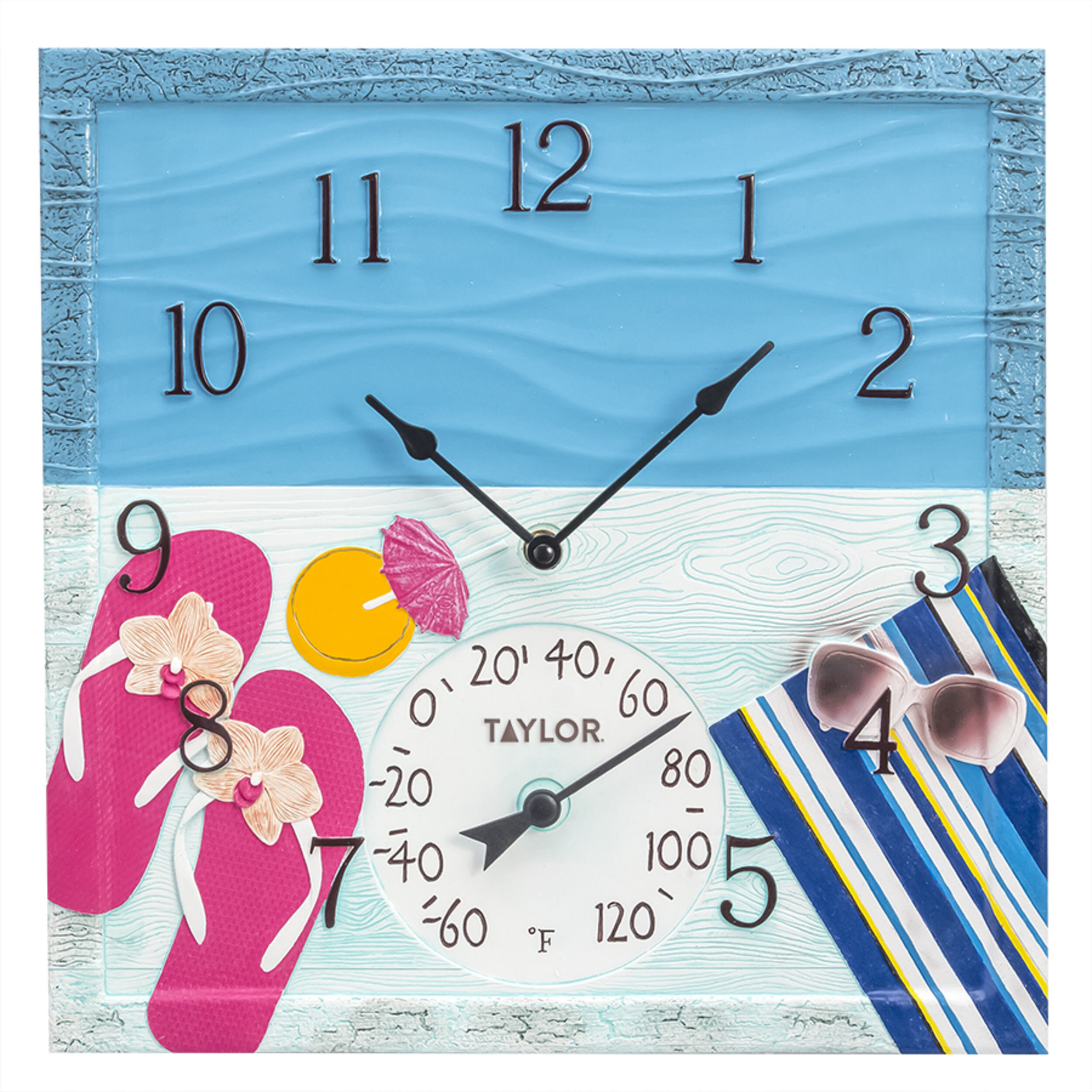 Taylor Seahorse Poly Resin Indoor and Outdoor Clock and Thermometer, 14  Inch, Multi-Color