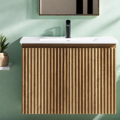 Meuble-lavabo et lavabo en chêne doré peu encombrant, style moderne