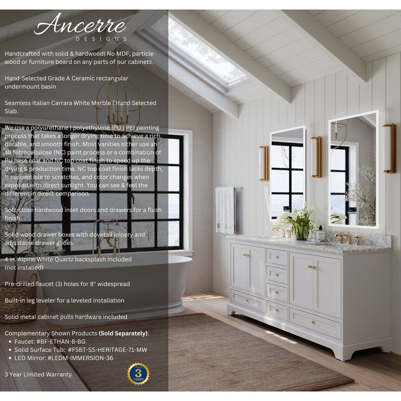 Audrey 72'' W Double Vanity, Gold, Carrara White, White