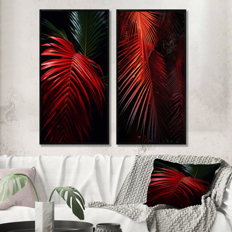 Ensemble de 2 reproductions d'art sur toile monochromes rouges - palmiers et palmiers, Cadre flottant noir, H 40 po x l 41 po