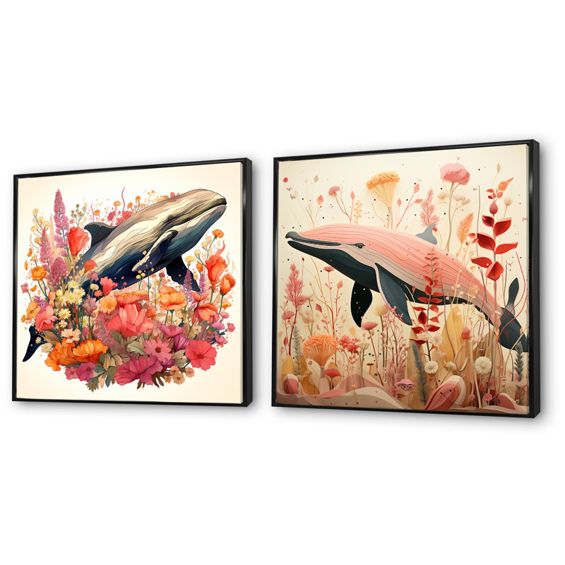 «Vintage Floral Whale Decor I», ensemble de 2 reproductions d'art mural baleine, Cadre noir, H 36 po x l 73 po x P 1,5 po