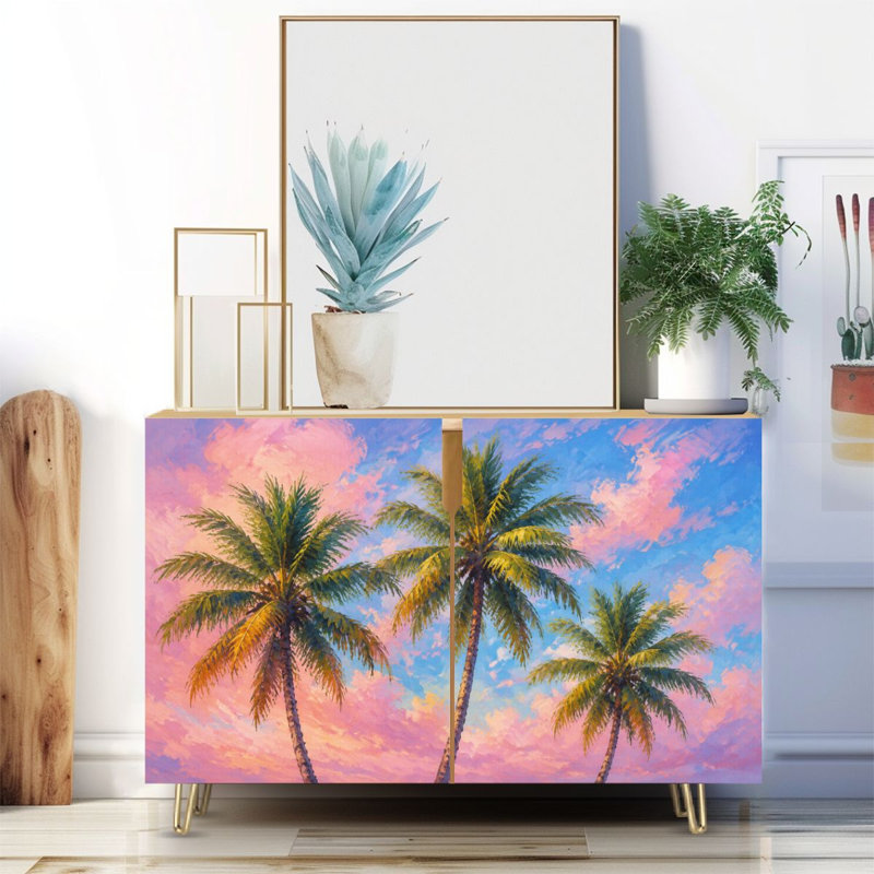 Buffet étroit de 35,4 po de largeur - armoire de rangement décorative à 2 portes avec imprimé tropical vibrant et pieds en métal