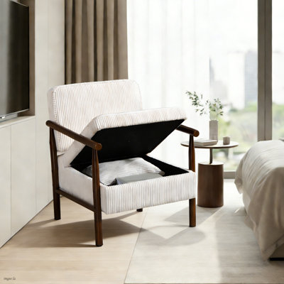 Mid-Century Modern Accent Chair reception chair with Storage, Striped Corduroy Upholstery and Wood Arms for Living Room, waitting room