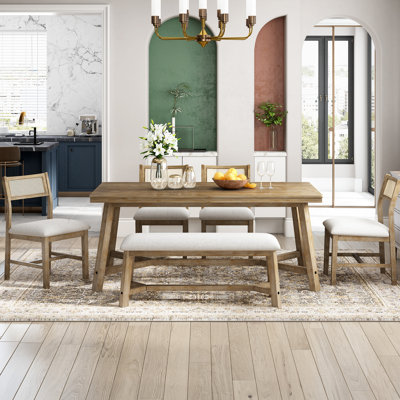 Table à manger rectangulaire en bois naturel pour 6 personnes: table rectangulaire, 4 chaises rembourrées et banc avec 6 chaises de style rétro: une expérience nostalgique