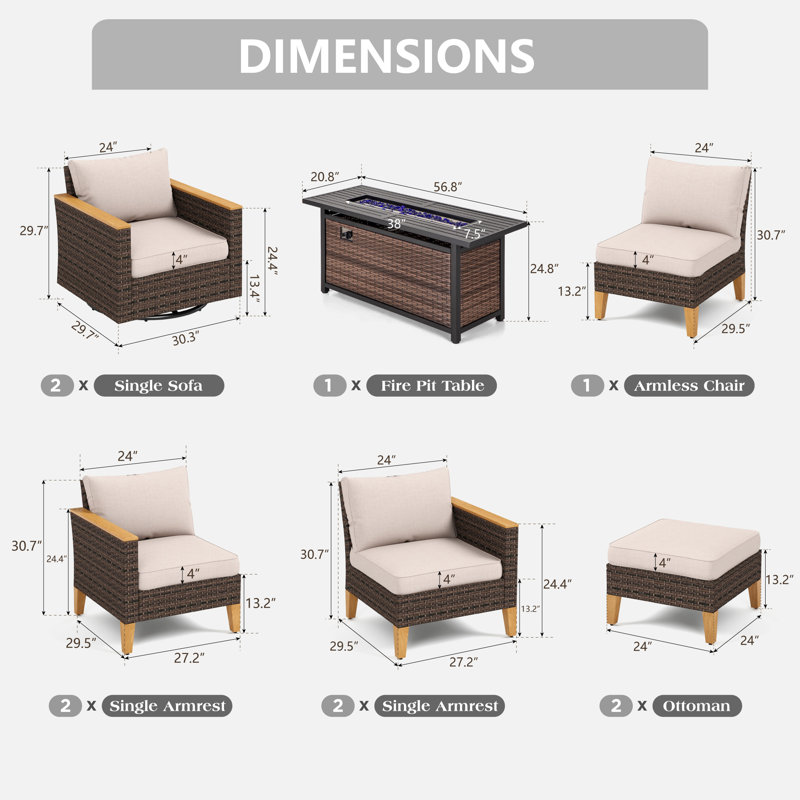 Argyri Outdoor Wicker Patio Conversation Furniture Set With Swivel Chairs And Firepit Table, Yes