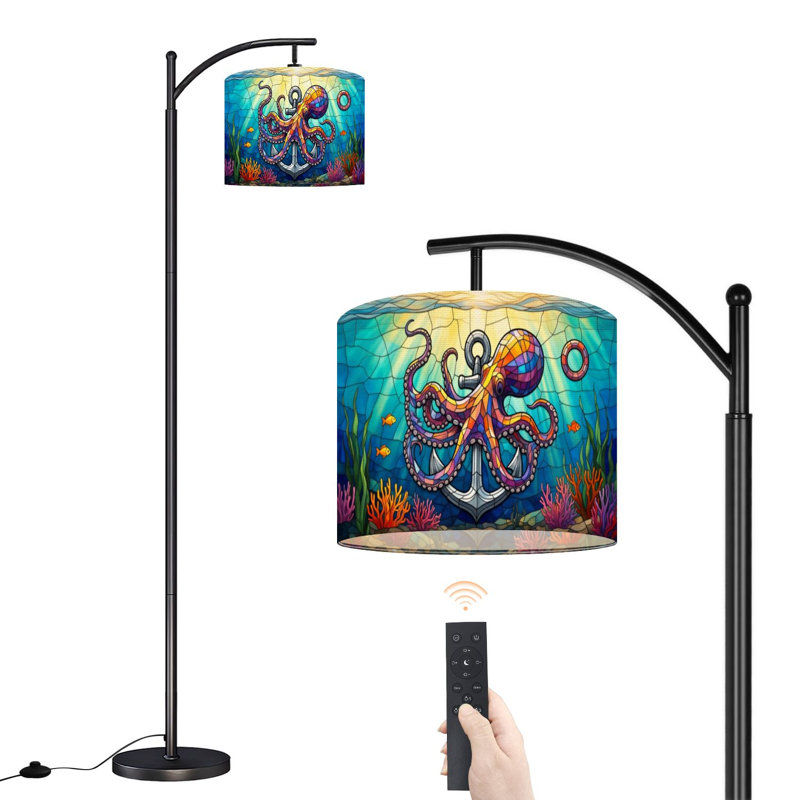 Lampe sur pied à arc avec abat-jour réglable en vitrail pieuvre ancre coraux vie marine lampe sur pied 3 températures de couleur à intensité variable haute lampe sur pied avec interrupteur au pied pour la chambre à coucher