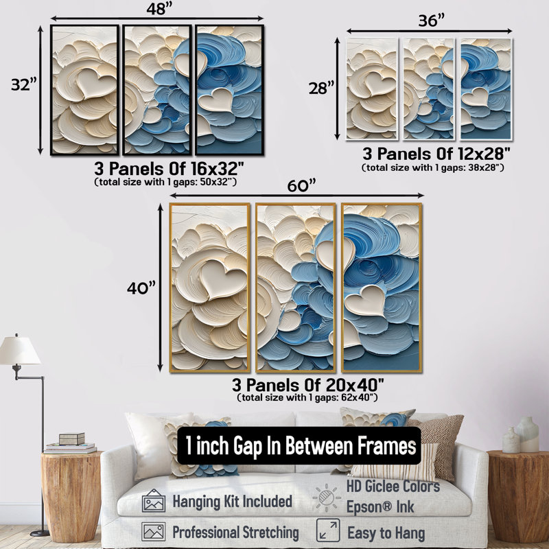 «Blue and White Spiraling Hearts I», ensemble de décorations murales spirales abstraites, H 28 po x l 36 po x P 1 po