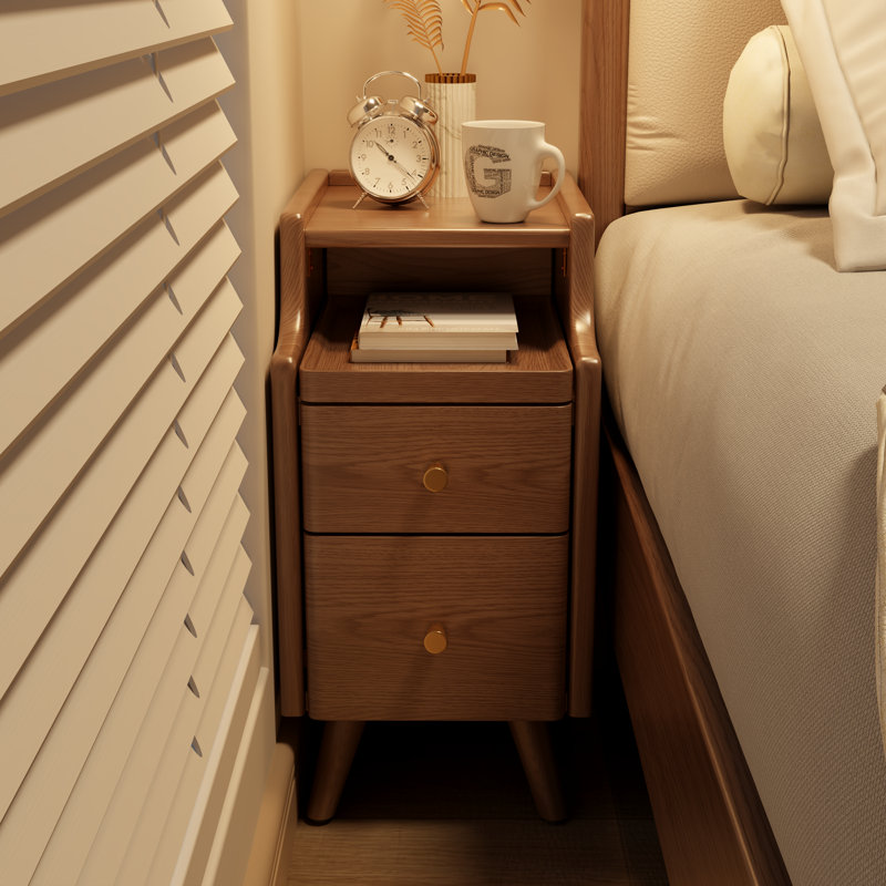 Narrow Solid Wood Nightstand with 2 Drawers, White, 11.81"W