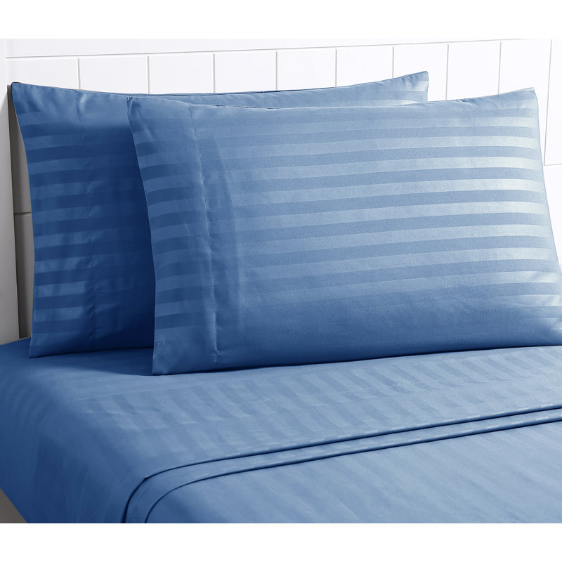 Cotton Blend Striped Sheet Set, Queen Sheet Set with 2 Pillowcases, Light Blue