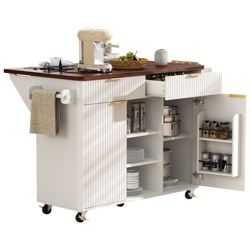 K&K 52" Fluted Kitchen Island with Drop Leaf, Power Outlet,  Kitchen Storage Cart with Adjustable Shelves, 2 Doors and 2 Drawers, Rolling Island Table with Walnut Color Top for Kitchen, White