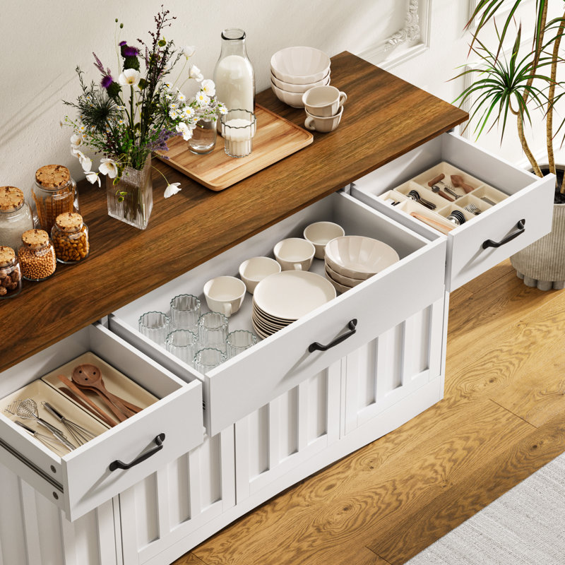 55.1W Sideboard with 3 Drawers, Adjustable Shelves and Large Drawer, Retro/White
