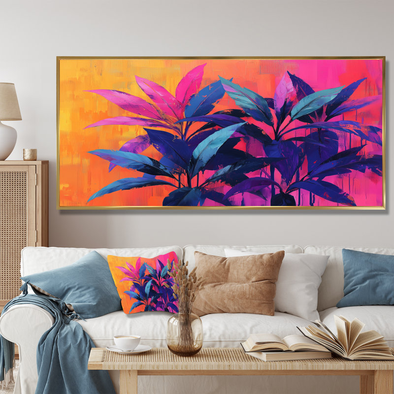 Décoration murale électrique Jungle électrique en couleurs néon Pop Art II - Plantes, 28" H x 60" W, Natural Floater Framed