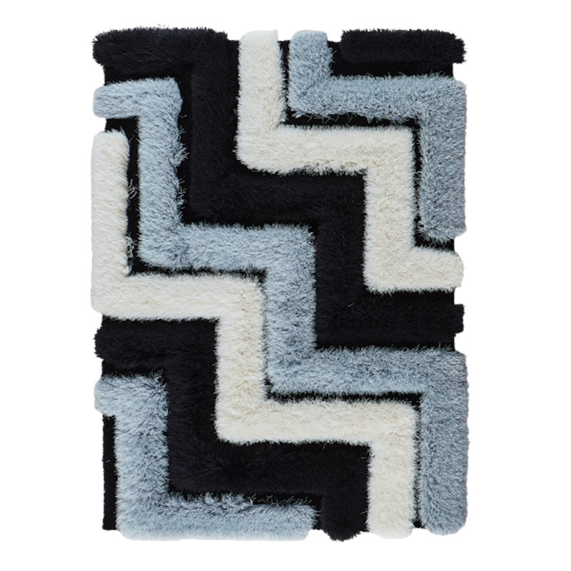 Tapis à poil long bleu / blanc cassé / noir Hajriz