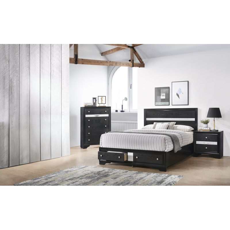 Ensemble de chambre avec lit plateforme et rangement Marielena Risa, Noir / argent, Grand
