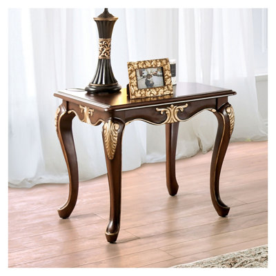 Traditional Solid Wood End Table with Cabriole Legs and Gold Highlights in Rich Tobacco Finish