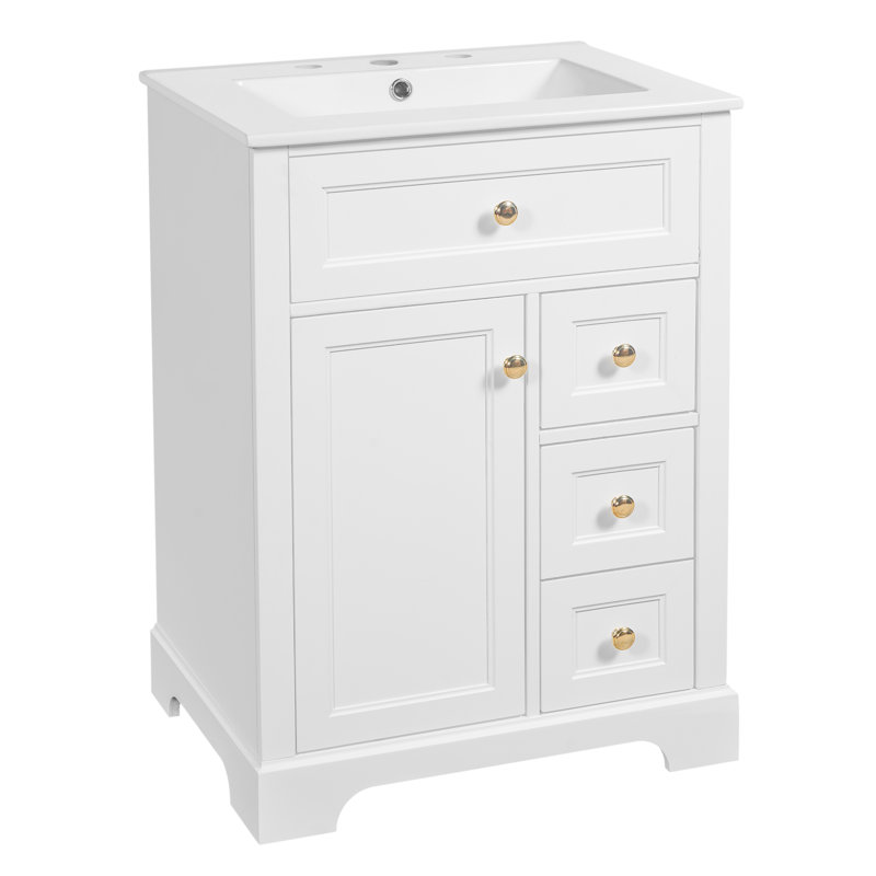 Meuble-lavabo autoportant moderne de 24 po avec lavabo, 3 tiroirs à fermeture en douceur, conception peu encombrante pour les petites salles de bain - Assemblage facile