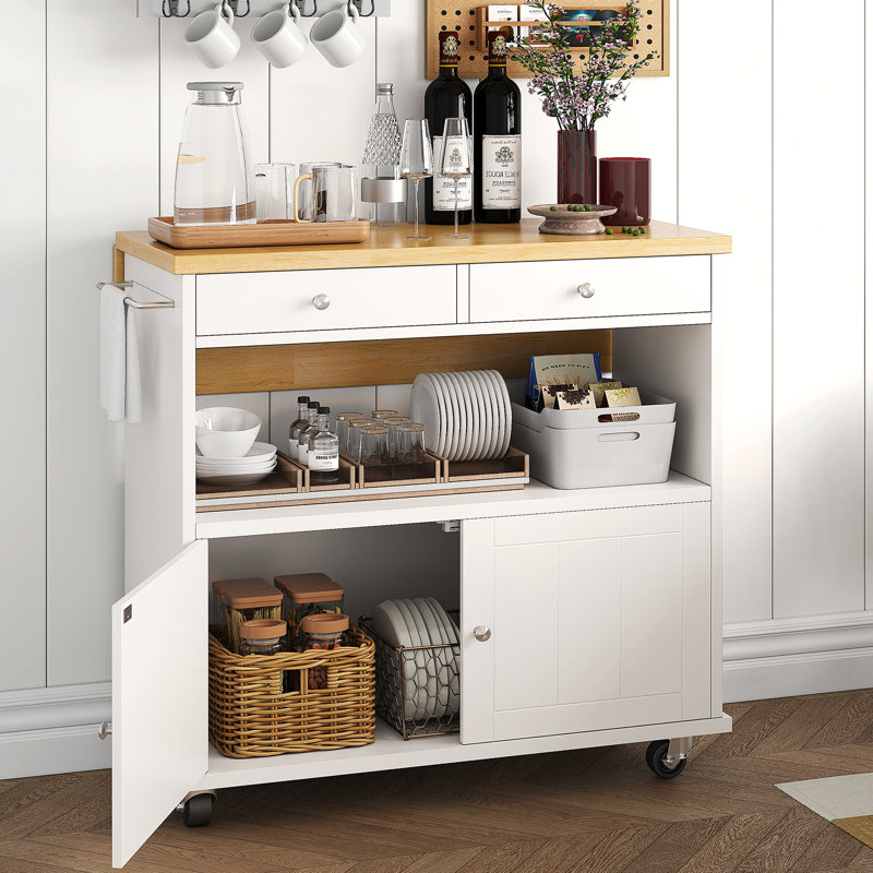 Îlot de cuisine roulant avec barre à déjeuner à abattants pliable, chariot de cuisine l 35,4 po avec armoire de rangement et 2 tiroirs, îlot de cuisine mobile avec porte-serviettes, roues verrouillables, blanc
