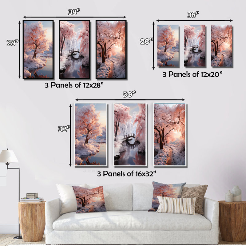 «Winter Landscape Frozen Sunlight», 3 pièces sur toile, Encadrement doré, H 20 po x l 36 po