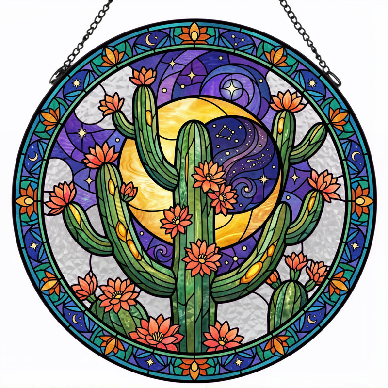Cactus Moon Stained Glass Window Panel，12"H, 12"H