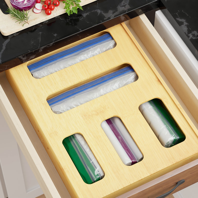 Organisateur de rangement en bambou pour tiroir de cuisine, 1 boîte avec 5 fentes, compatible avec les sacs de tailles variées gallon, pinte, sandwich et collation