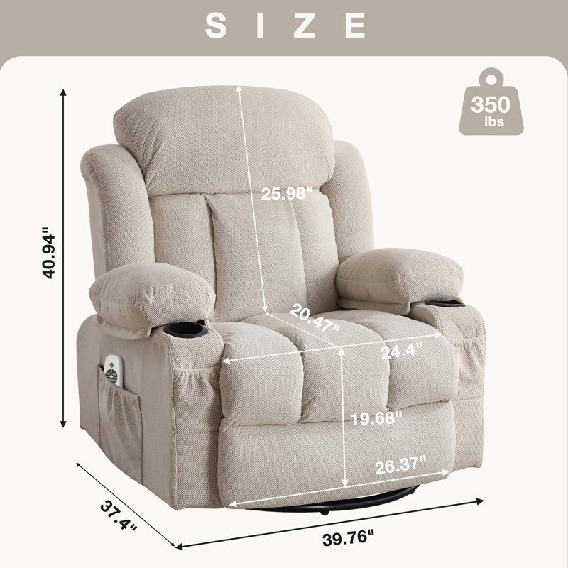 Canapé inclinable avec massage pivotant et pivotant, avec port USB et 2 porte-gobelets dans les poches latérales