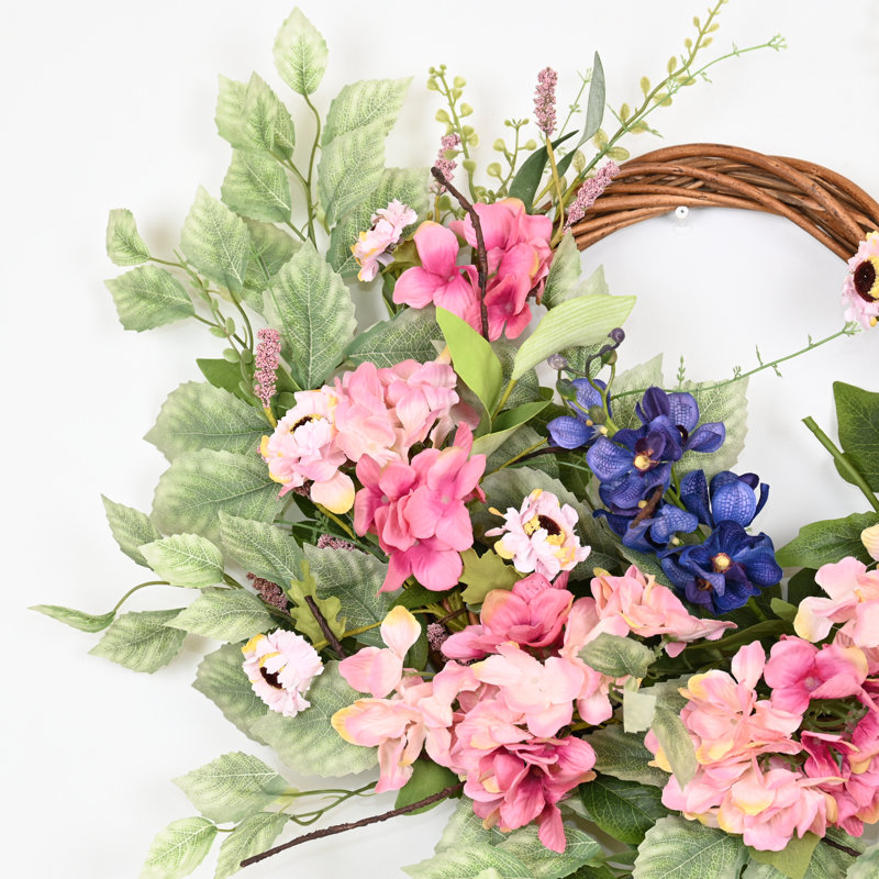 Couronne de porte artificielle 24 po printemps été, Vert/Rose/Bleu