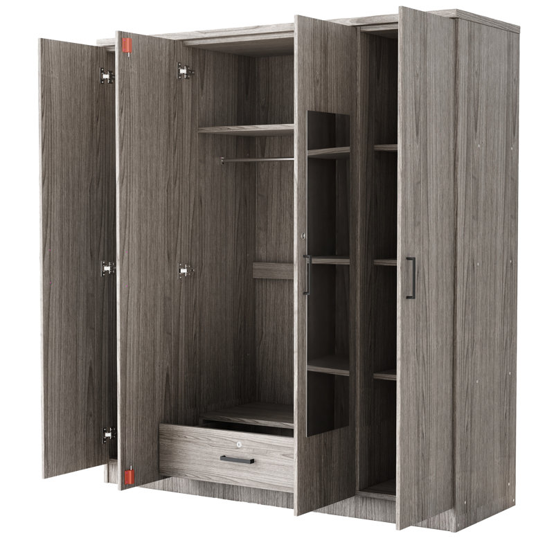 Armoire-penderie à miroir 4 portes avec tablettes - Armoire de rangement spacieuse pour vêtements et accessoires, Gris