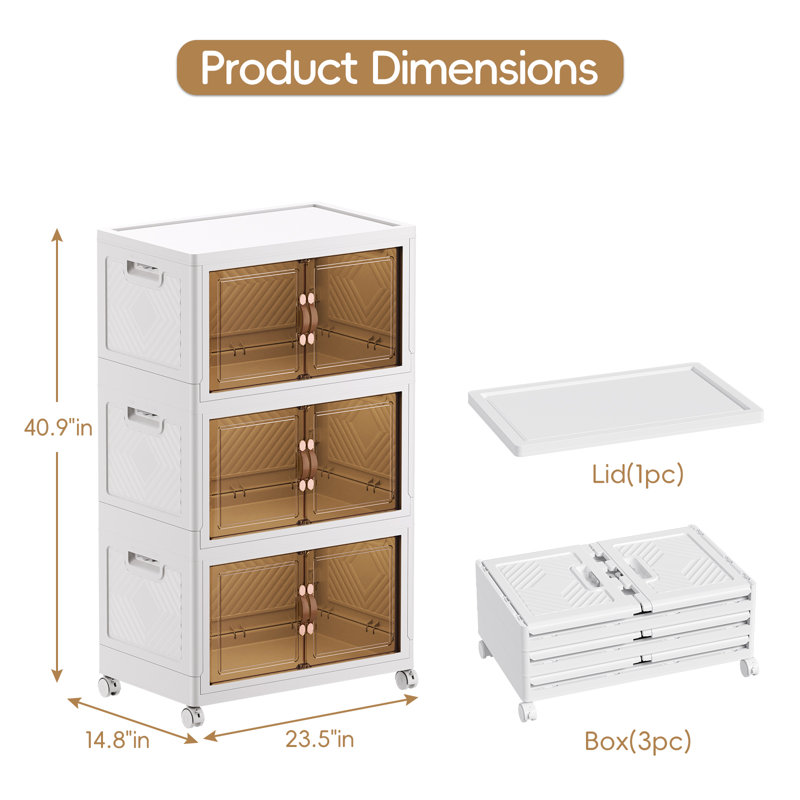  246Qt Stackable Storage Bins With Lids And Wheels, Foldable Collapsible Plastic Drawer Boxes For Clothes, Home, White, 3 Pack